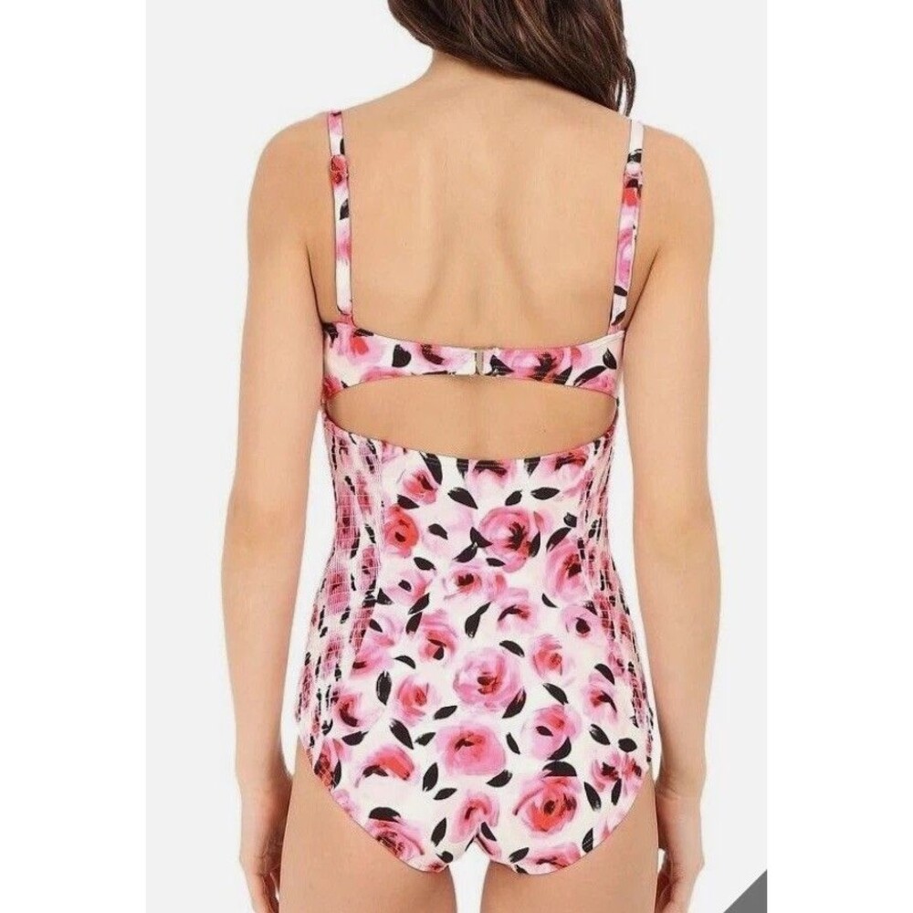 Kate Spade Pink Floral One Piece Swimsuit Bay of Roses Size XS Smocked Stretch - Picture 11 of 16